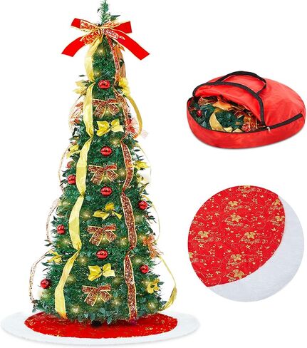 6ft Pop up Christmas Tree Fully Decorated Pre-lit Tree with 1 Storage Bag 1 Tree Skirt 150 Warm White & Colorful LED Lights, Collapsible Artificial Christmas Tree for Xmas Home Decorations in Saudi Arabia
