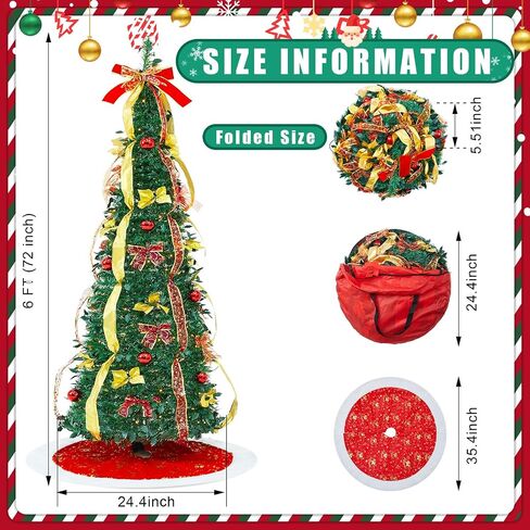 6ft Pop up Christmas Tree Fully Decorated Pre-lit Tree with 1 Storage Bag 1 Tree Skirt 150 Warm White & Colorful LED Lights, Collapsible Artificial Christmas Tree for Xmas Home Decorations in Saudi Arabia