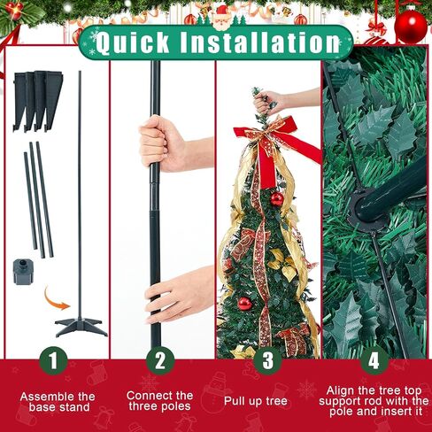 6ft Pop up Christmas Tree Fully Decorated Pre-lit Tree with 1 Storage Bag 1 Tree Skirt 150 Warm White & Colorful LED Lights, Collapsible Artificial Christmas Tree for Xmas Home Decorations in Saudi Arabia