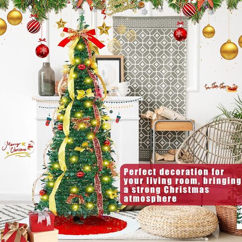 6ft Pop up Christmas Tree Fully Decorated Pre-lit Tree with 1 Storage Bag 1 Tree Skirt 150 Warm White & Colorful LED Lights, Collapsible Artificial Christmas Tree for Xmas Home Decorations in Saudi Arabia