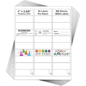 Anylabel 1" x 2-5/8" 30 Up Shipping Address Labels for Laser & Inkjet Printer - 30 per Sheet Return Address Labels, 30 Up Labels 1 x 2-5/8 on US Letter (500 Sheets, 15000 Labels)