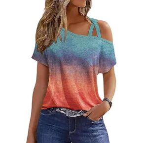 Chvity Womens Criss-Cross One Shoulder Tops Casual Short Sleeve Cold Shoulder Solid Loose Fit Summer Tops Tees