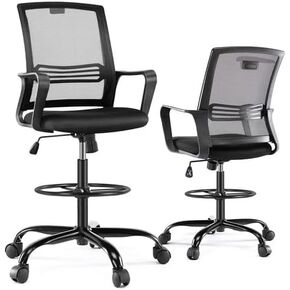 Drafting Chair, Tall Office Chair with Adjustable Foot Ring, Standing Desk Chair with Ergonomic Lumbar Support and Adjustable Armrests, Swivel Rolling Tall Chair, Breathable Mesh, Height Adjustable