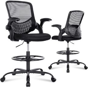Tall Office Chair, Drafting Chair, Standing Desk Chair, High Adjustable Office Mesh Chair, Ergonomic Counter Height Computer Rolling Chair with Flip-up Armrests and Foot-Ring for Bar Height Desk