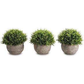 Opps Mini Artificial Plants Plastic Fake Green Grass Topiary Shrubs with Gray Pot for Home Décor – Set of 3