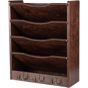 PAG 5-Tier Wall File Holder Hanging Mail Organizer Wood Magazine Literature Rack with 6 Hooks, Brown