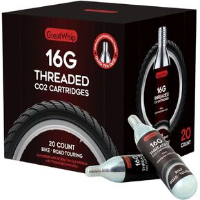 GreatWhip 16g Threaded CO2 Cartridges for Bike Tires CO2 Cartridges Refills for CO2 Inflator CO2 Pump for Road and Mountain Bikes（20 Count）
