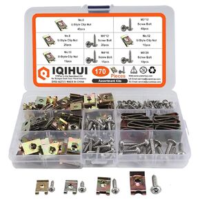 170pcs U Nut Clips Car Clip Nut and Screw Assortment Kit 12# 10# 8# 6# 4 Sizes Auto U Clips Fasteners for Bumper Dash Interior Trim Panel (170pcs)