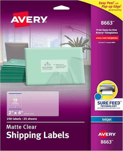 Avery Printable Shipping Labels with Sure Feed, 2" x 4", Matte Clear, 250 Blank Mailing Labels (8663) in Saudi Arabia