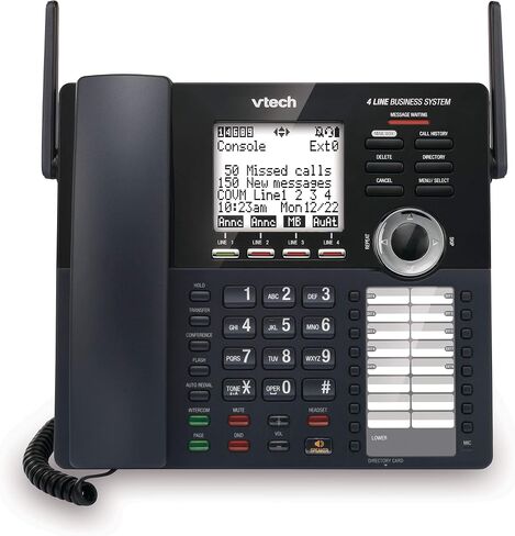 VTech AM18447 وحدة التحكم الرئيسية 4 خطوط قابلة للتوسيع نظام هاتف المكتب الصغير مع جهاز الرد الآلي والاتصال الداخلي والمضيف التلقائي والموسيقى في الانتظار، أسود in Kuwait
