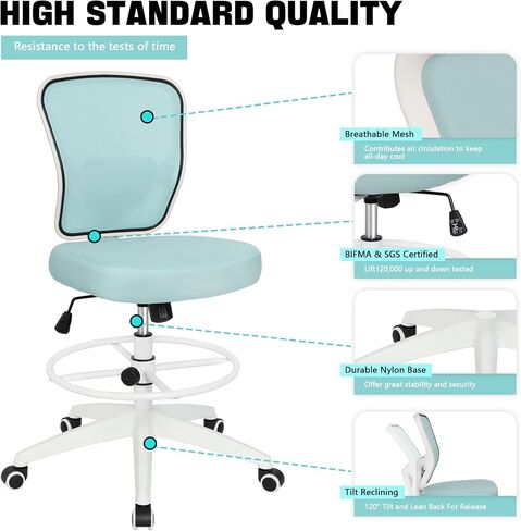 Drafting Chair Adjustable Height Tall Office Chairs Standing Desk Chair Rolling Stool Chair Armless Office Drafting Chair Blue in Saudi Arabia