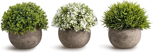 Opps Mini Artificial Plants Plastic Fake Green Grass Topiary Shrubs with Gray Pot for Home Décor – Set of 3 in Saudi Arabia