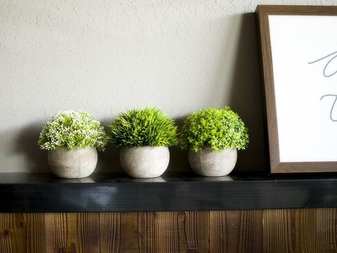 Opps Mini Artificial Plants Plastic Fake Green Grass Topiary Shrubs with Gray Pot for Home Décor – Set of 3 in Saudi Arabia