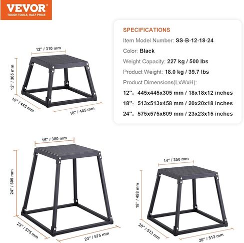 صناديق القفز البليومترية من VEVOR، صندوق Plyo مقاس 12/18/24 بوصة، منصة وصندوق خفة الحركة للقفز، مجموعة صندوق تصعيد لتمارين اللياقة البدنية مضادة للانزلاق للتدريب المنزلي في صالة الألعاب الرياضية، وتدريبات القوة والتكييف، باللون الأسود in Saudi Arabia