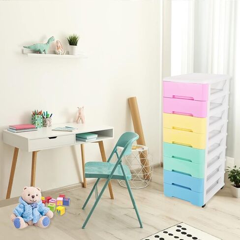 8 Drawer Storage Cart and Personal Organizer, Heavy-Duty Plastic Storage Drawers Mobile Cabinet with Casters, Large Containers for Storing Arts, Crafts and Toys (8 Drawer-colorful) in Kuwait