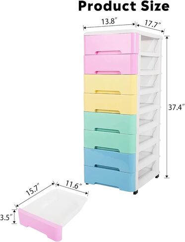 8 Drawer Storage Cart and Personal Organizer, Heavy-Duty Plastic Storage Drawers Mobile Cabinet with Casters, Large Containers for Storing Arts, Crafts and Toys (8 Drawer-colorful) in Kuwait
