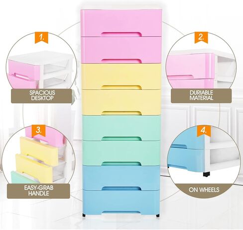 8 Drawer Storage Cart and Personal Organizer, Heavy-Duty Plastic Storage Drawers Mobile Cabinet with Casters, Large Containers for Storing Arts, Crafts and Toys (8 Drawer-colorful) in Kuwait