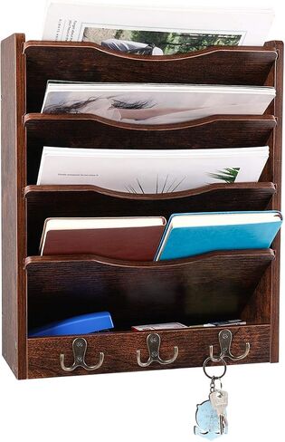 PAG 5-Tier Wall File Holder Hanging Mail Organizer Wood Magazine Literature Rack with 6 Hooks, Brown in Kuwait