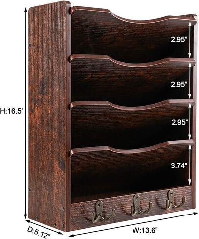 PAG 5-Tier Wall File Holder Hanging Mail Organizer Wood Magazine Literature Rack with 6 Hooks, Brown in Kuwait