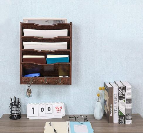 PAG 5-Tier Wall File Holder Hanging Mail Organizer Wood Magazine Literature Rack with 6 Hooks, Brown in Kuwait
