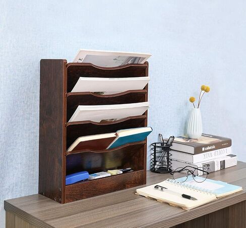 PAG 5-Tier Wall File Holder Hanging Mail Organizer Wood Magazine Literature Rack with 6 Hooks, Brown in Kuwait