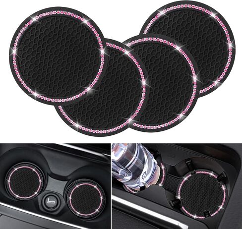 Car Coasters, 4 Pack Universal Vehicle Bling Car Coaster, COCASES Crystal Rhinestone Coaster for Cup Holders, Car Interior Accessories 2.75'' Silicone Anti Slip Car Coasters for Women (Black) in Saudi Arabia