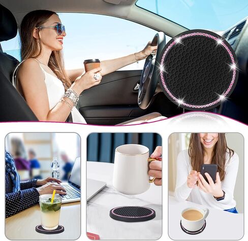 Car Coasters, 4 Pack Universal Vehicle Bling Car Coaster, COCASES Crystal Rhinestone Coaster for Cup Holders, Car Interior Accessories 2.75'' Silicone Anti Slip Car Coasters for Women (Black) in Saudi Arabia