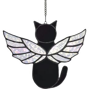 Angel Rainbow Wing Cat Memorial Gifts, Stained Glass Cat Decor for Window Hangings, Orange Black Cat Suncatcher, Loss of Cat Sympathy Gift (Black)