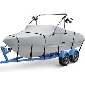 Ski & Wakeboard Tower Boat Cover, Full Metal Buckles Boat Cover, 100% Solution-Dyed Polyester Waterproof Tear And Fade Resistant, Fits 22-24ft V-Hull Runabout Tournament Boat With Ski/Wakeboard Tower