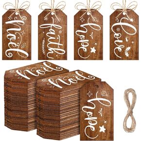 60 Pieces Christmas Wooden Tag Label Xmas Tree Ornament Christmas Rustic Wooden Tag Noel Faith Hope Love Tag Farmhouse Vintage Hanging Tag with Rope for Christmas Tree Stocking Decoration (Brown)