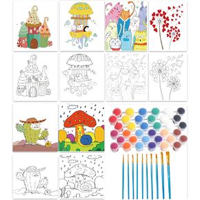 Aosemili Kids Predrawn Canvas for Painting - 8x10 Inch 6 Painting Canvas Panels Acrylic Paint Set with 12 Paints 4 Brushes for Girls Boys and Beginners