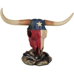 Ebros Gift Southwest Bull Cow Steer Head Skull with Texas Lone Star State Flag Sculpture On Barbed Wire Base Figurine As Bisons Steers Cows Fossil Faux Taxidermy Rustic Western Decor