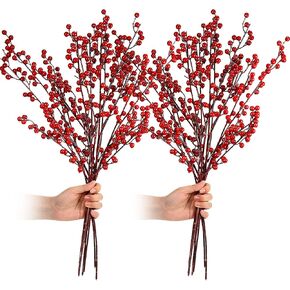 WILLBOND Artificial Red Berry Stems 21.6 Inch Christmas Red Berries Holly Berry Branches for Christmas Tree New Year Decor DIY Craft (Simple Style, 16 Pieces)
