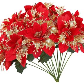 DEEMEI Artificial Poinsettias Flowers Bushes Christmas Flower Decoration Fake Glitter Floral Arrangement for Xmas Outdoor (Flower Bouquets 2Pcs)