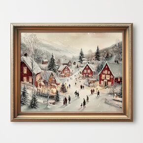 Snowy Holiday Scene Wall Art Print, Winter landscape, Christmas Village, Scandinavian Village In Winter, Christmas Time, Christmas Art, Winter Art, Snow Art Decor (11 X 14 INCH Print Unframed)