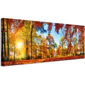 Pyradecor Large Autumn Sunset Forest Canvas Prints Wall Art Golden Nature Landscape Artwork Pictures Paintings for Living Room Bedroom Home Decorations