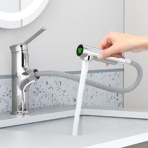 Bathroom Sink Faucet with Pull Out Sprayer, Temperature Digital Display Basin Faucets for 1 Hole Single Handle Lavatory Vanity Faucet Rv Single Hole Bath Faucet, Chrome