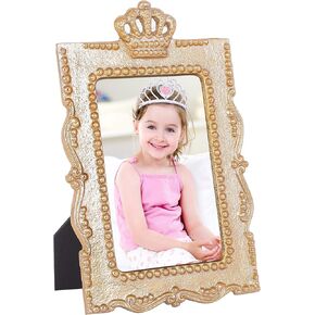 AHC HOME & LIVING 4x6 Gold Princess Crown Handcrafted Antique Picture Frame - Elegant Tabletop & Wall Display with Easel and Hook