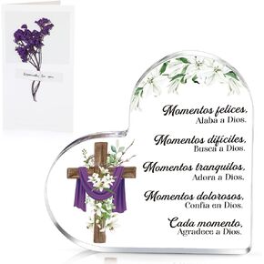 Spanish Christian Gifts Regalos Cristianos en Español Bible Verse Inspirational Heart-Shaped Acrylic Desk Decor with Greeting Cards Religious Appreciation Gift for Woman Christmas (Yellow)
