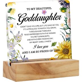 Goddaughter Gifts From Godmother, Floral Goddaughter Desk Decor Goddaughter I Love You Acrylic Desk Plaque Sign with Wood Stand Home Office Desk Sign Keepsake