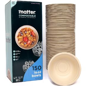 Matter Premium 16 oz Fiber Bowls 150 Pack Biodegradable, Not Paper, Eco-Friendly, Certified Compostable, Disposable, Heavy Duty, Serving Bowls for Snacks, Pasta, Soup, Cereal & Ice Cream