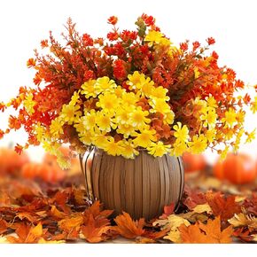 16PCS Artificial Fall Flowers Mums, No Fade Faux Autumn Plants, Fake Indoor Outdoor Greenery Decorations for Garden Windox Box Thanksgiving Wedding Party Home Garden Fireplace Décor (Green Orange)