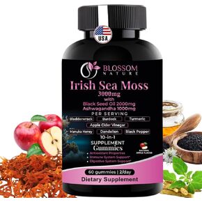 10-in 1 Irish Sea Moss Gummies 3000mg with Black Seed Oil Ashwagandha Bladderwrack Burdock Turmeric Apple Cider Vinegar Manuka Honey Dandelion - for Immune and Digestive System, Made in USA (Gummies)