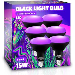 White Casing Black Light Bulbs, Blacklight Bulb 6 Packs, 120W Equivalent, E26 BR30 LED Black Light Bulb 385-400nm for Halloween Christmas Decor, Body Paint, Glow Party, Fluorescent Poster
