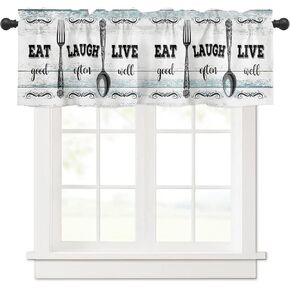 Eat Laugh Live Valances for Windows, Vintage Fork Spoon White Wood Grain Valance Curtains Rod Pocket Light Filtering Short Window Valances for Kitchen Bathroom Bedroom,1 Panel,54 x 18 Inch