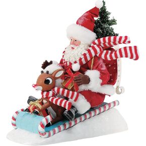 Department 56 Possible Dreams Rudolph The Red-Nosed Reindeer and Santa Ready Lit Figurine, 10.5 Inch, Multicolor