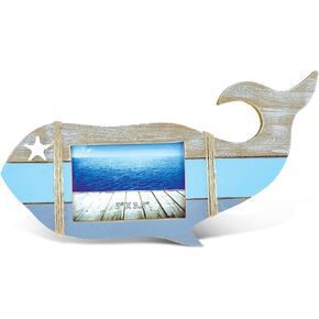 Puzzled CoTa Global Nautical Whale Shape 5x3.5 Frame - Blue Distressed Wood Whale Shape Photo Frame, Handmade Picture Frame for Tabletop or Wall Hang - 13.5 Inches