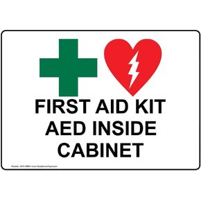 ComplianceSigns.com First Aid Kit AED Inside Cabinet Label Decal, 5x3.5 in. 4-Pack Vinyl for Emergency Response Industrial Notices Facilities