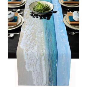 Blue Ocean Table Runner 72 inches Long, Coastal Beach Blue White Sea Waves Dreamy Clouds Polyester Table Runners Dresser Scarves, Washable Farmhouse Rectangle Table Setting Decor for Brunches Dinners