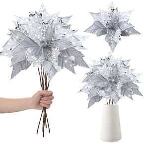 Hotop 6 Pcs Christmas Glitter Poinsettia Flowers 11 Inch Long Stem Artificial Christmas Tree Poinsettia Decorations Artificial Fake Poinsettia Flowers for Xmas Tree Ornaments Wedding Holiday (Black)